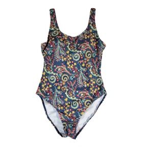 Nicole Miller One Piece Swimsuit Scoop Back Bohemian Floral Print on Navy Blue M